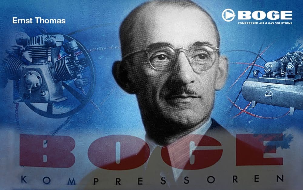 Portrait of a man with glasses, surrounded by images of compressors, BOGE logo, and the name "Ernst Thomas" on a blue background.