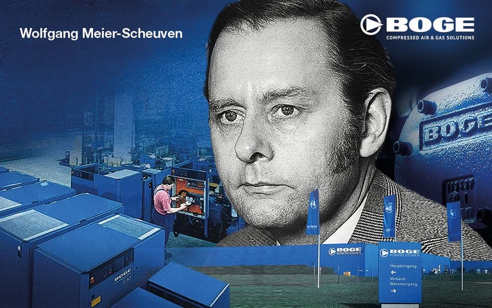 Collage featuring BOGE compressors, a person's portrait, and BOGE signage, highlighting innovation in compressed air solutions.