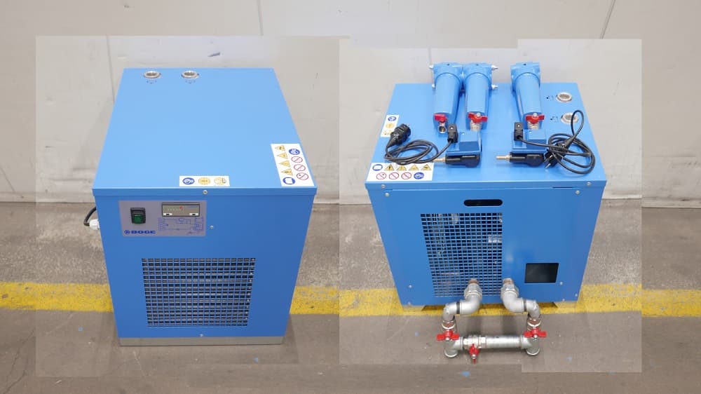 Blue BOGE air dryer unit with control panel and multiple connections, designed for efficient compressed air systems.