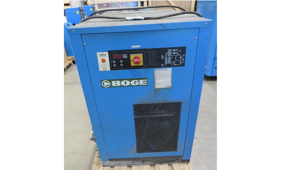 Blue BOGE air Refrigeration dryer unit with control panel, displayed on a wooden pallet in an industrial setting.