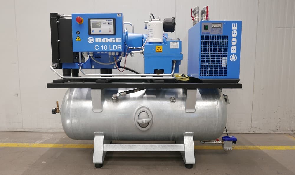 BOGE C 10 LDR air compressor system with controls and refrigerant dryer mounted on a metal receiver.