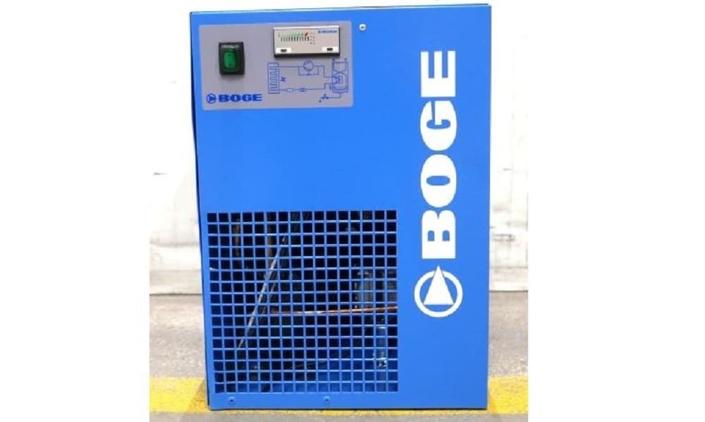 BOGE air compressor unit in blue, featuring a control panel and ventilation grid, designed for efficient compressed air systems.