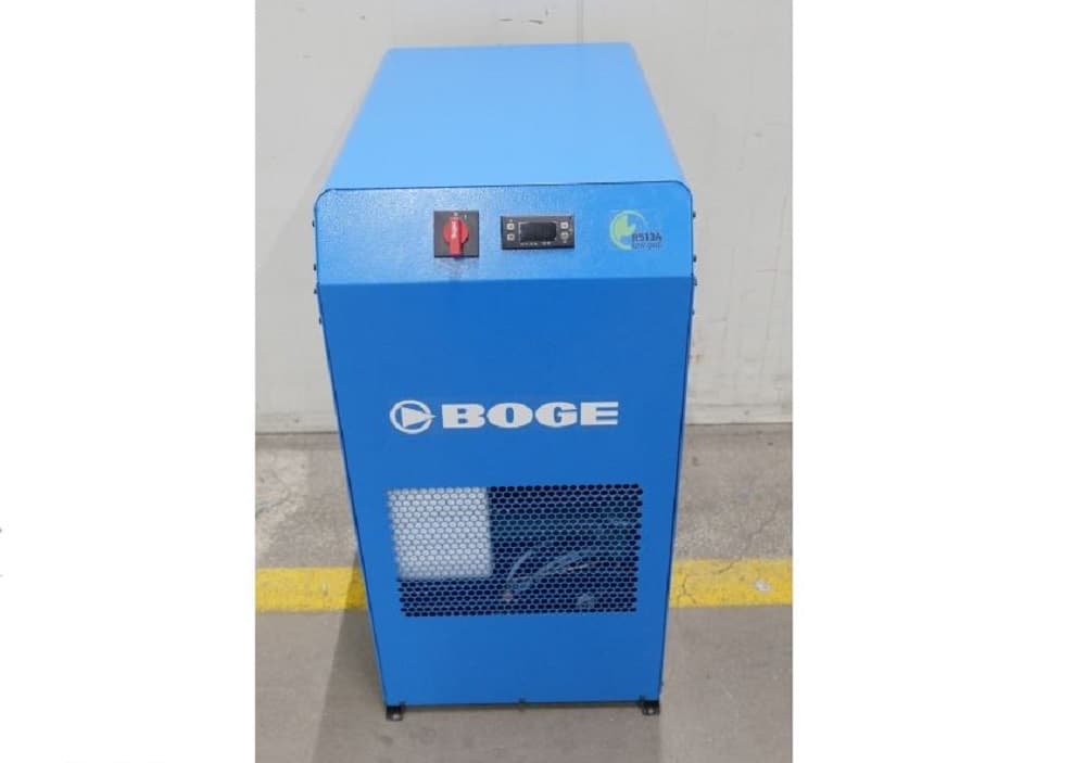 Blue BOGE refrigerant dryer with control panel, designed for efficient air treatment in industrial settings.