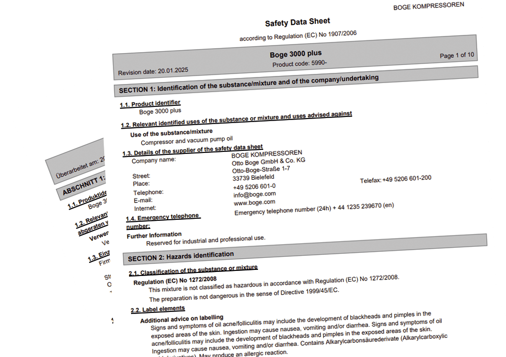 Zwei Sicherheitsdatenblätter von BOGE übereinandergelegt