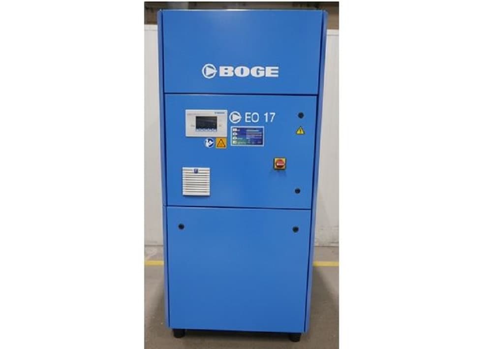 BOGE EO 17 air compressor in blue, featuring control panel and safety indicators, designed for efficient compressed air solutions.