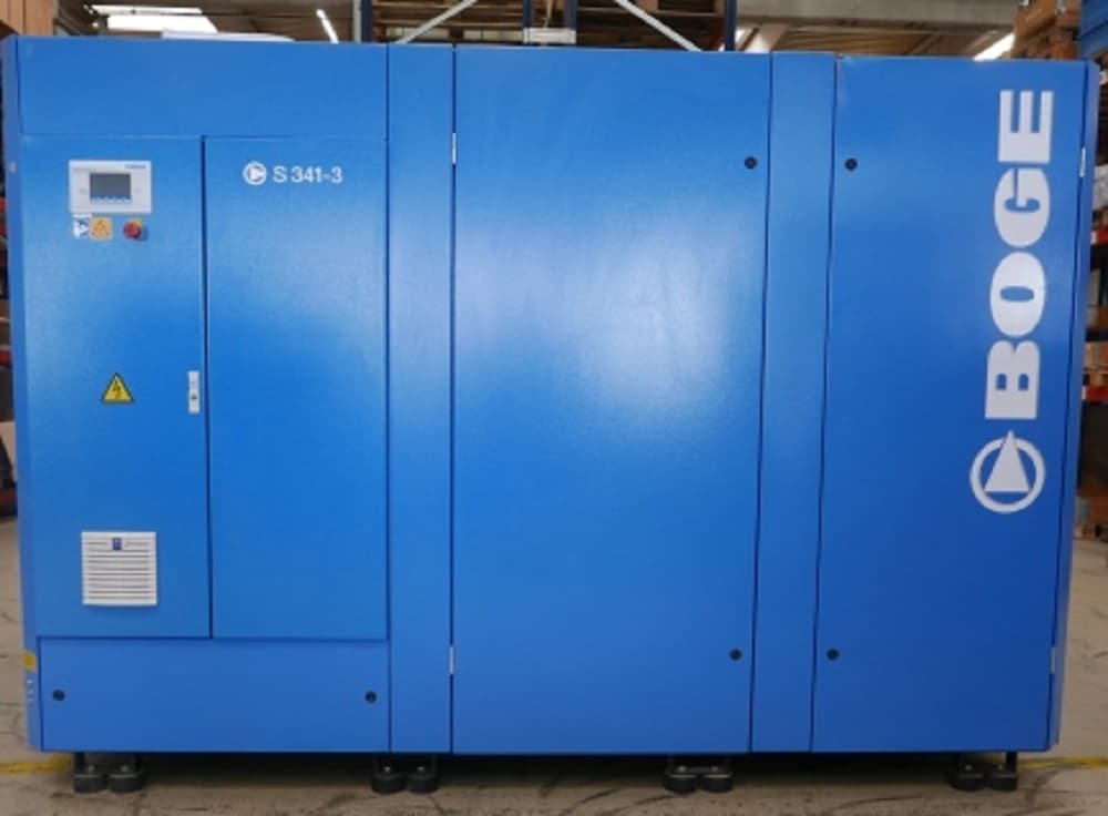 BOGE S 341-3 air compressor in a blue casing, featuring a control panel and safety labels.