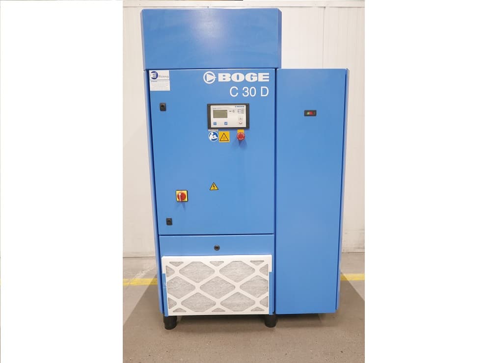 BOGE C 30 D air compressor in blue, featuring a control panel and safety indicators, designed for efficient compressed air solutions.