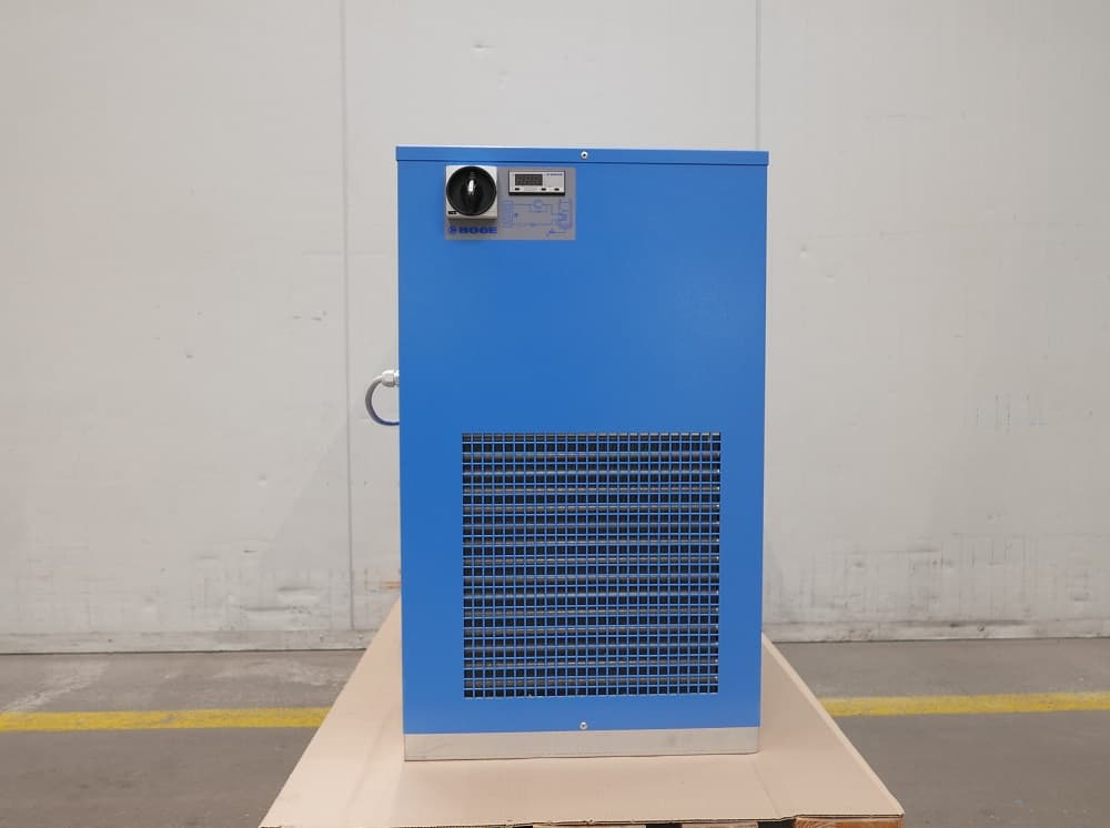 Blue BOGE refrigerant dryer with control panel, placed on a pallet in an industrial setting.