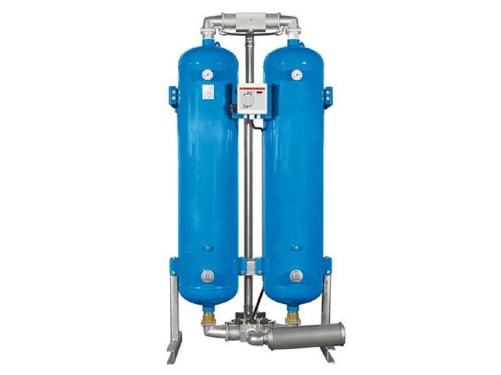Blue twin-tower adsorption dryer with gauges and control panel, designed for efficient air treatment in industrial applications.