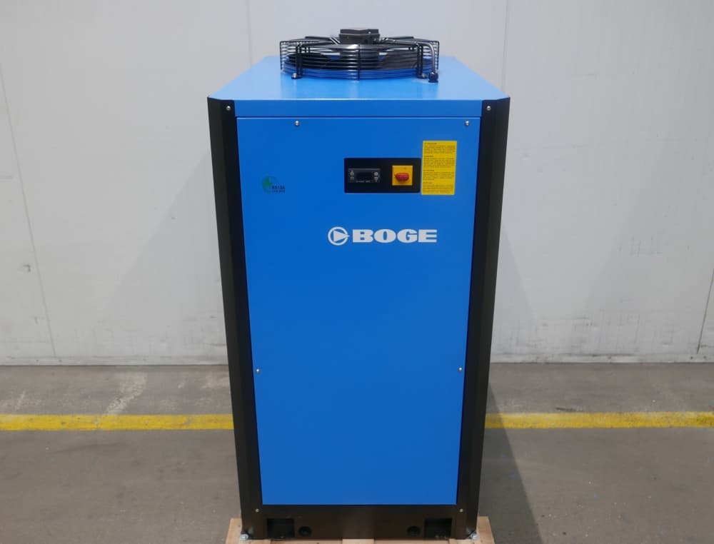 BOGE air dryer in blue, featuring a control panel and fan on top, designed for efficient compressed air solutions.