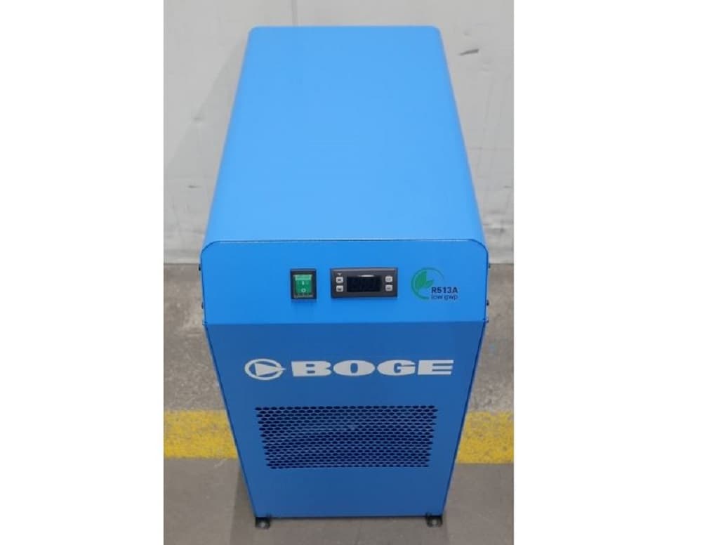 BOGE blue refrigerant dryer with control panel, featuring eco-friendly R513A refrigerant, ideal for efficient compressed air systems.