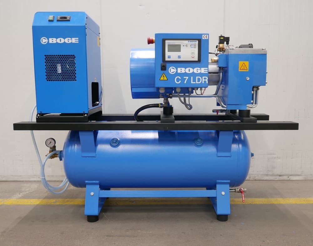 BOGE C 7 LDR air compressor system with controls and receiver, designed for efficient compressed air solutions.