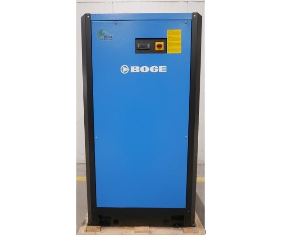 BOGE blue air compressor unit with control panel, designed for efficient and sustainable compressed air solutions.