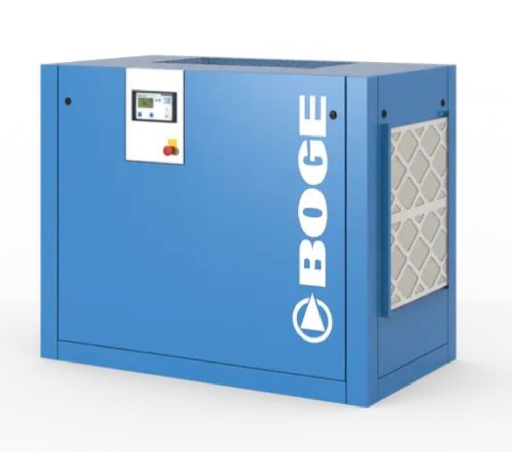 Blue BOGE air compressor with control panel, showcasing efficient and sustainable design for compressed air systems.