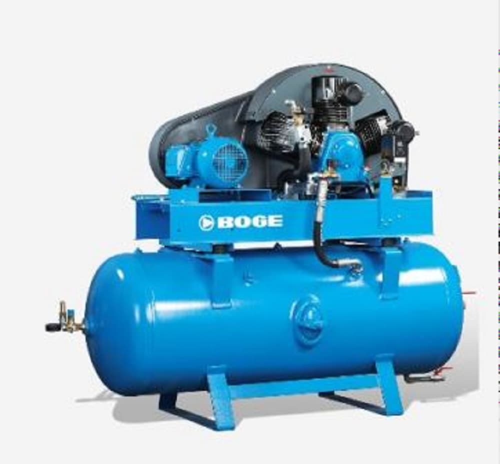 BOGE air compressor system in blue, featuring a robust design with a prominent receiver tank and advanced components for efficient performance.