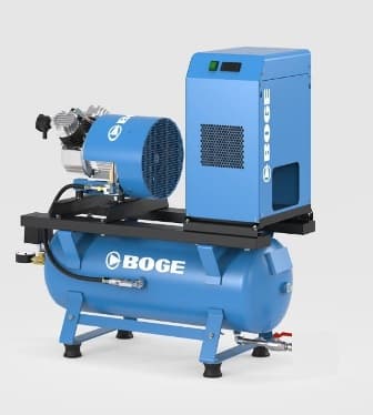 BOGE air compressor system in blue, featuring a motor, receiver, and advanced controls for efficient compressed air solutions.