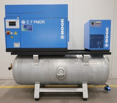 BOGE C 7 PMDR air compressor system with blue casing, mounted on a silver receiver, designed for efficient compressed air solutions.
