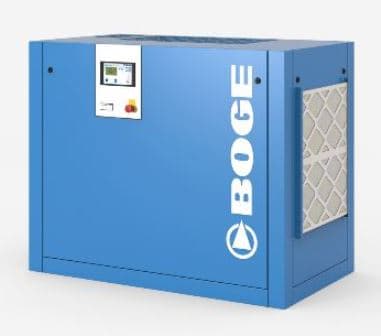 BOGE air compressor in blue with a control panel and brand logo, designed for efficient and reliable compressed air solutions.