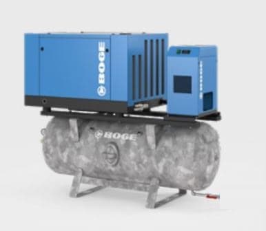 BOGE air compressor system with a blue unit atop a cylindrical receiver, designed for efficient compressed air solutions.