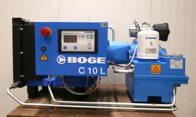 BOGE C10L air compressor, featuring a control panel and safety indicators, designed for efficient and reliable compressed air solutions.
