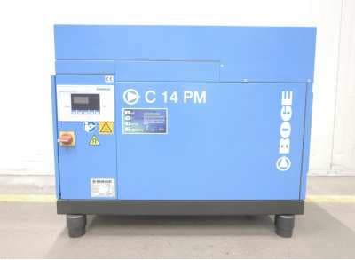 BOGE C 14 PM air compressor in blue, featuring control panel and safety labels, designed for efficient compressed air solutions.