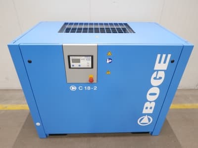 BOGE C18-2 air compressor in blue, featuring a control panel and safety indicators, designed for efficient compressed air solutions.