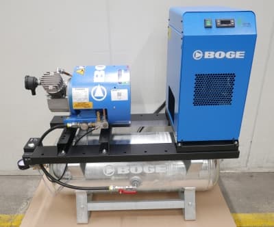 BOGE air compressor system with blue casing, mounted on a metal frame, featuring a motor and receiver.