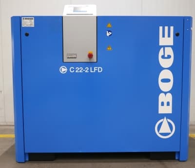 BOGE C 22-2 LFD air compressor in blue, featuring control panel and safety symbols, designed for efficient compressed air solutions.