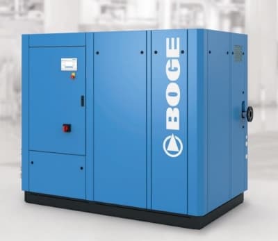 BOGE blue industrial air compressor in a sleek design, ideal for efficient and reliable compressed air solutions.