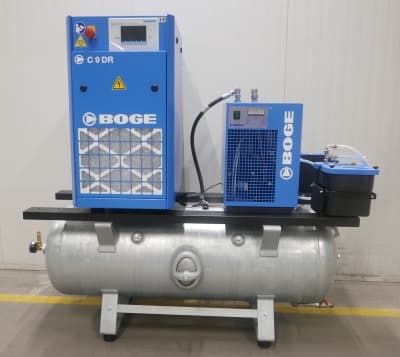 BOGE air compressor system with C9 DR model, featuring a refrigerant dryer and receiver, designed for efficient compressed air solutions.