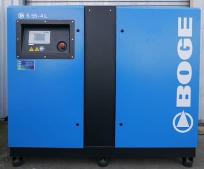 BOGE S 55-4 L air compressor in blue, featuring a digital control panel and sleek design for efficient compressed air solutions.