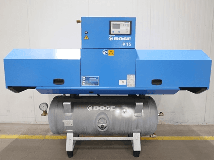 BOGE K15 air compressor with blue casing and digital controls, mounted on a metallic receiver.