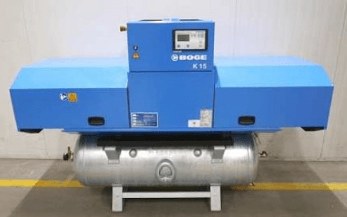 BOGE K15 air compressor with a blue casing, mounted on a silver receiver, designed for efficient compressed air solutions.