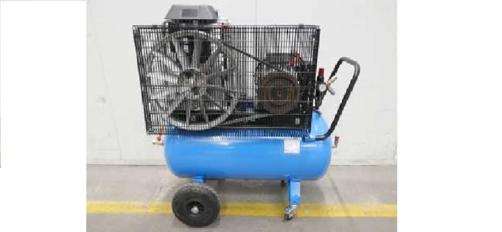 Portable air compressor with a blue receiver, large fan, and protective cage, designed for efficient on-site air supply.