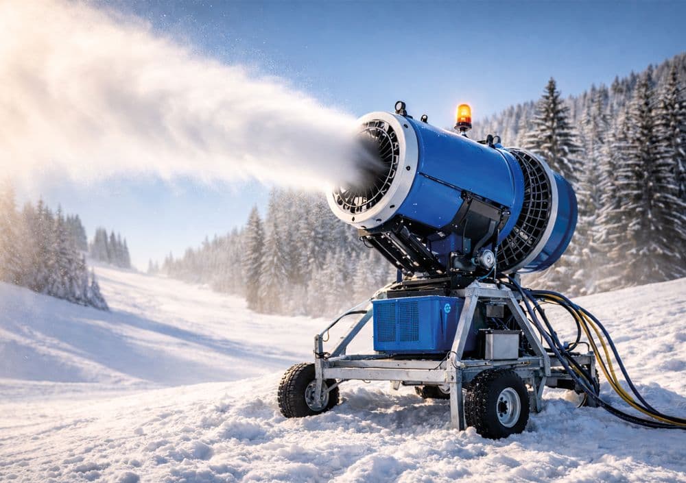 Das Bild zeigt eine Schneekanone in einem Ski-Gebiet, welche von einem Kompressor betrieben wird.