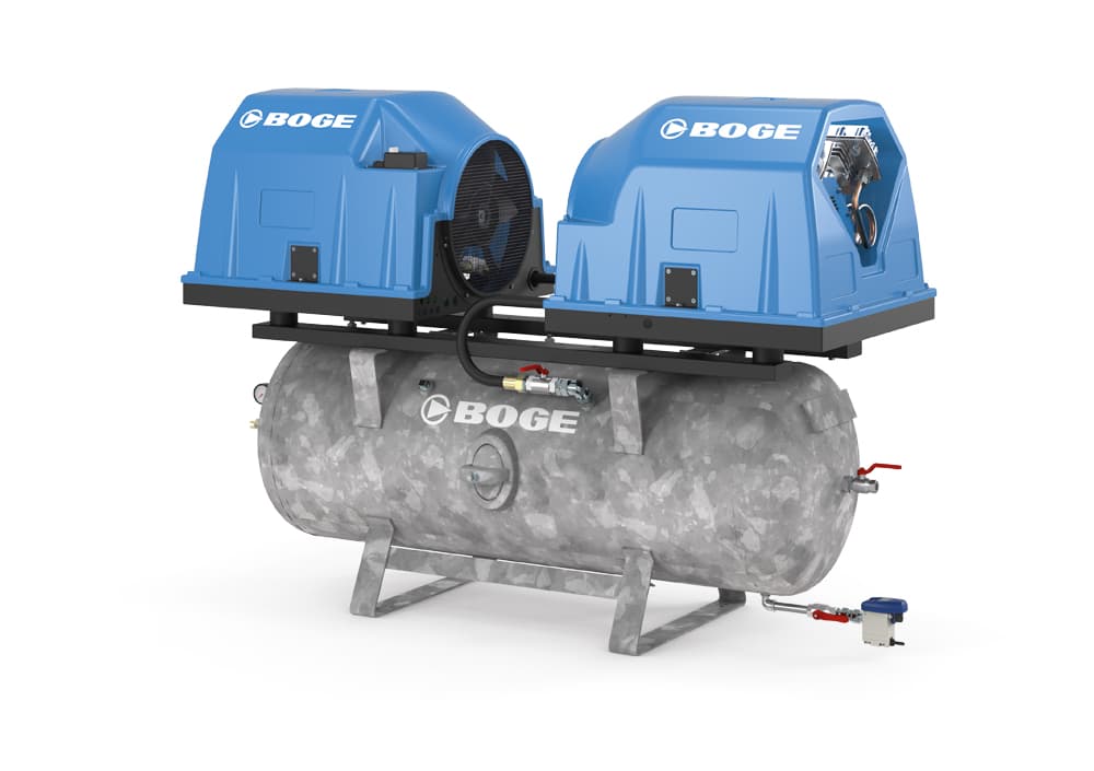 BOGE oelfreier Kolbenkompressor die PO-Baureihe als Twinanlage auf einem Behaelter montiert