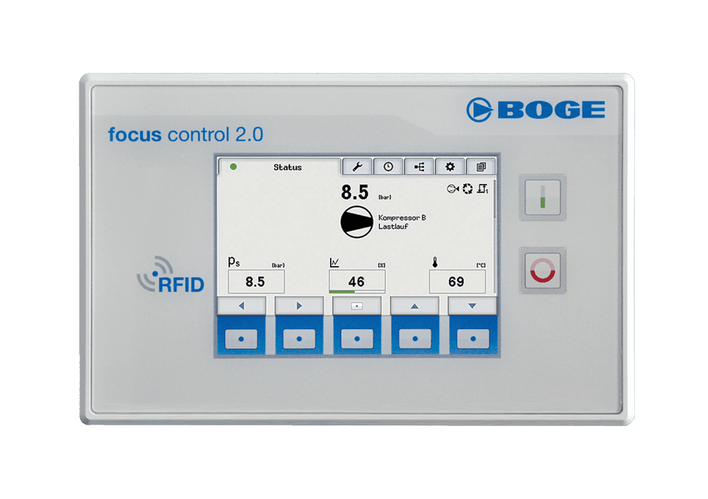 Grauer Steuerungsscreen der BOGE Kompressorsteuerung focus control 2.0