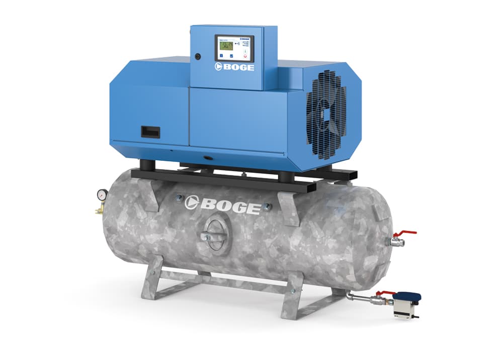 Ein BOGE oelfreier Kolbenkompressor von der K-Baureihe auf einem Behaelter montiert