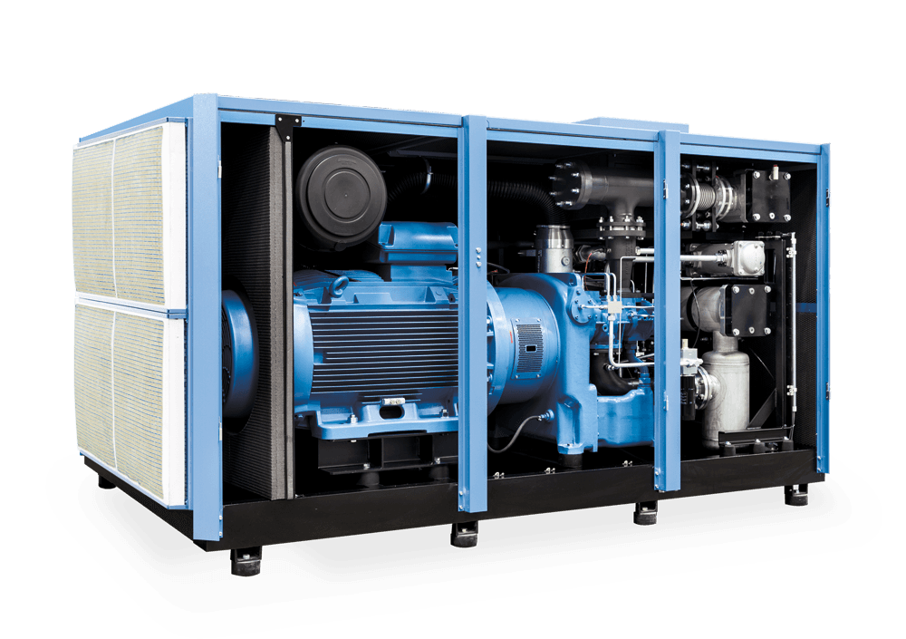 Die Innenansicht eines Oelfreien Schraubenkompressors der SO-2-serie