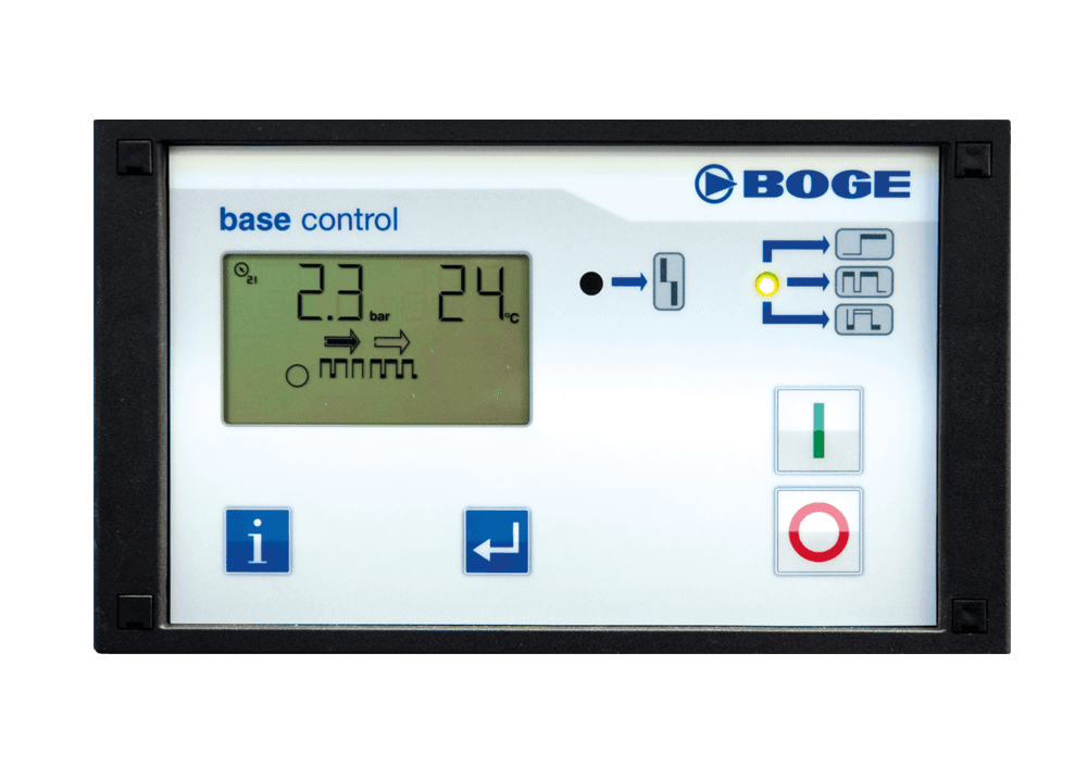 Steuerungsscreen der BOGE Kompressorsteuerung base control, schwarz umrahmt