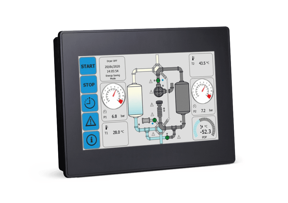 Steuerungsanzeige des BOGE Adsorptionstrockers DAV-2 Baureihe schwarz umrahmt mit schematischer Skizze in der Mitte