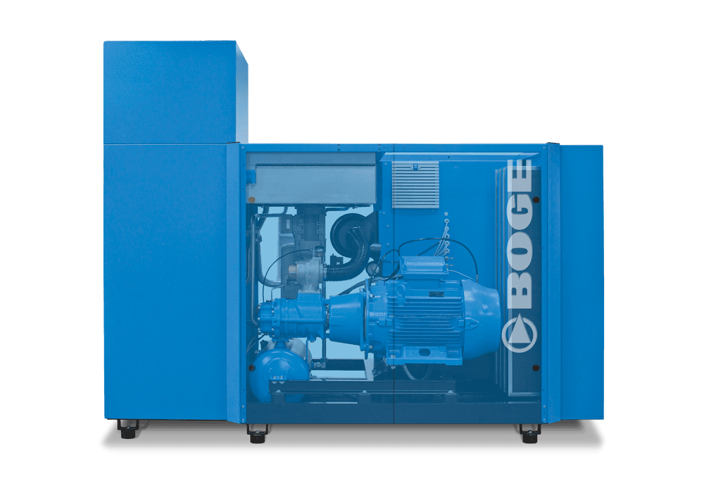 Ein BOGE oelfreier Schraubenkompressor aus der Bluekat Serie der die innenansicht zeigt