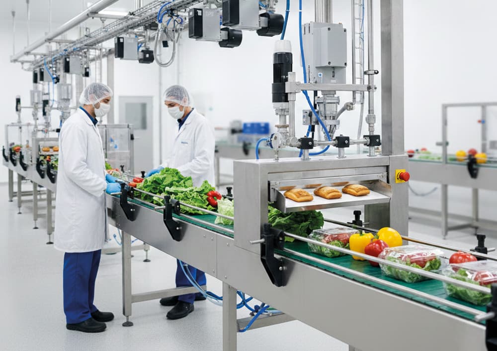Zwei Mitarbeiter die an einem Laufband stehen die für die Lebensmittelindustrie, wo frisches Gemuese rueber laeuft und was durch BOGE Druckluft laeuft und oelfrei ist