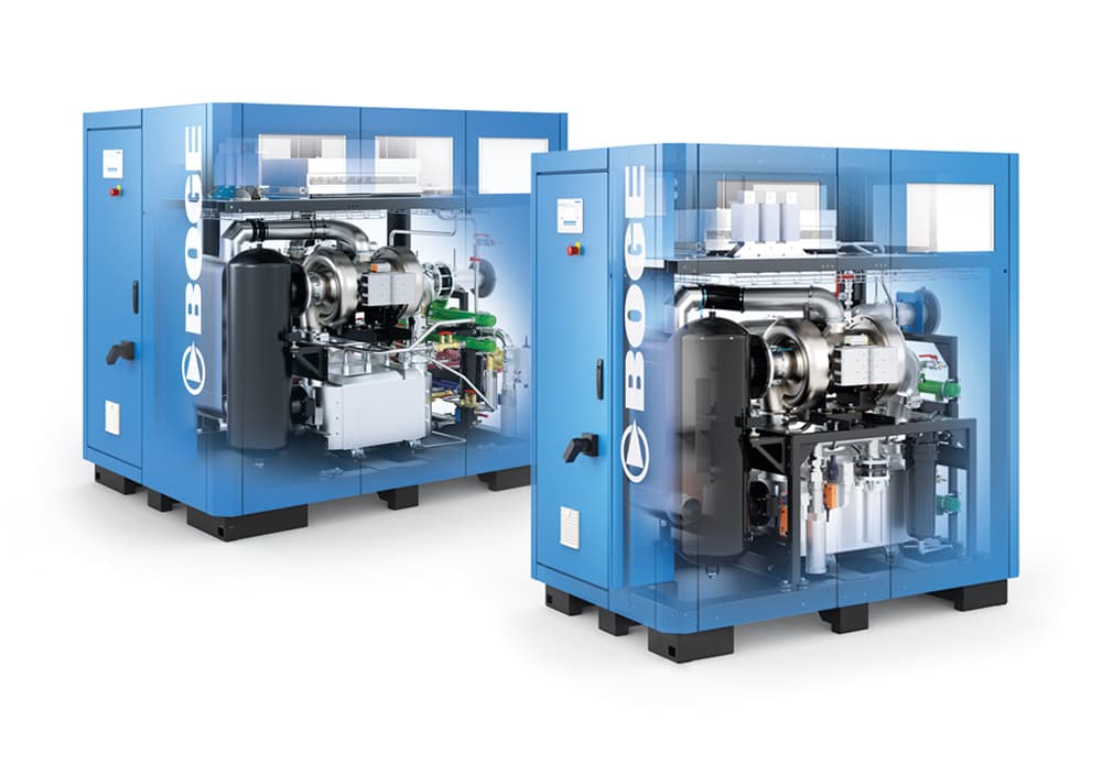 Zwei BOGE Turbokompressoren von der innenansicht, einmal von der t-baureihe und von der lpt-baureihe