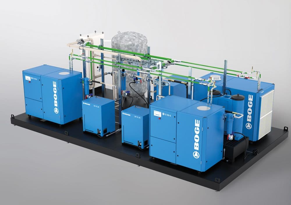 BOGE Druckluftanlage mit mehreren Kompressoren und Druckluftaufbereitungskomponenten auf schwarzem Grundrahmen