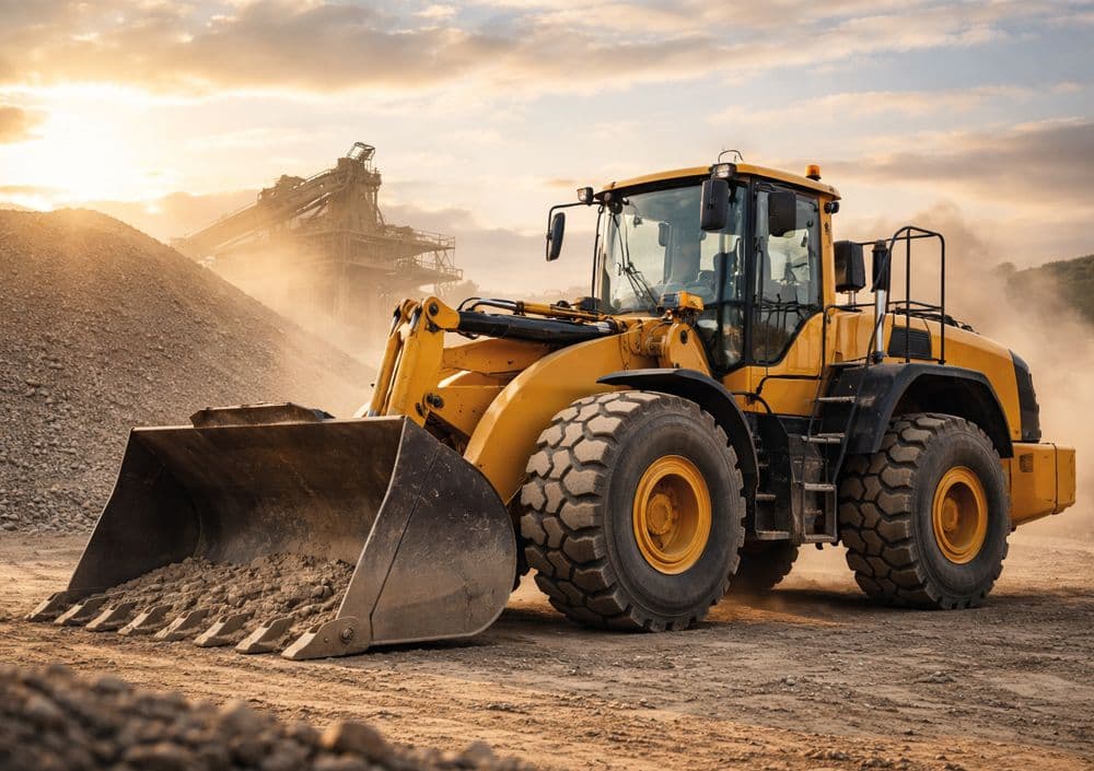 Ein Radlader steht eingestaubt in einem Bergbau.