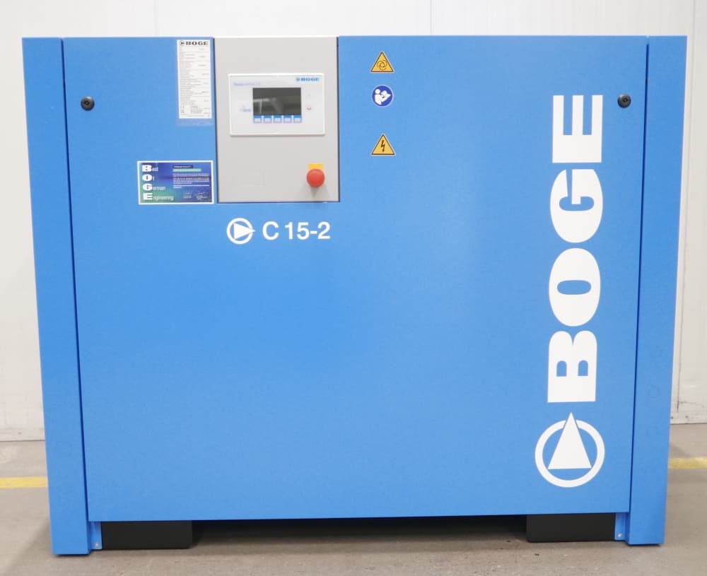 BOGE C15-2 air compressor in blue, featuring control panel and safety icons, designed for efficient compressed air solutions.