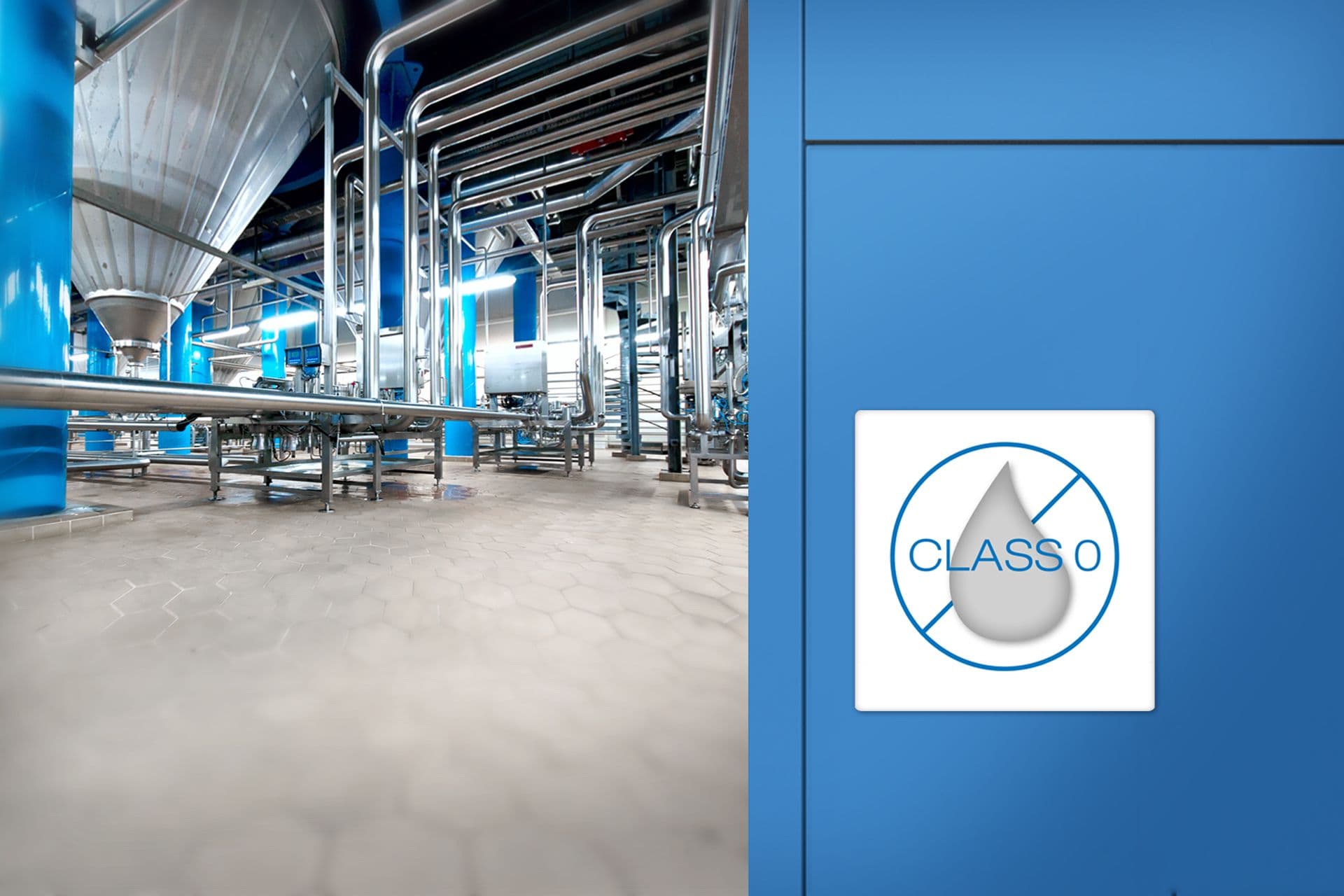 Eine ölfreie Druckluftanlage von BOGE mit Icon Ölfrei-Klasse-0 in einer modernen Fabrikhalle