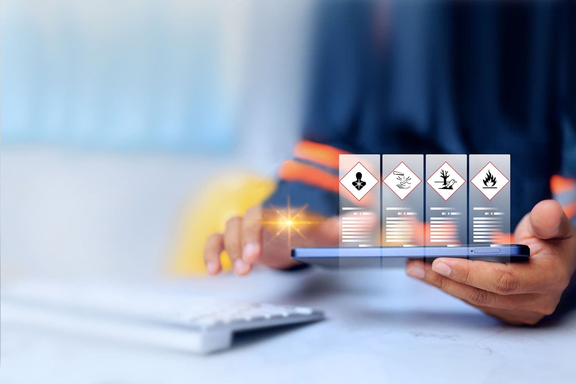 Von einem Handy aus, werden verschiedene Warnsympole für Gefahrenstoffe in die Luft projiziert