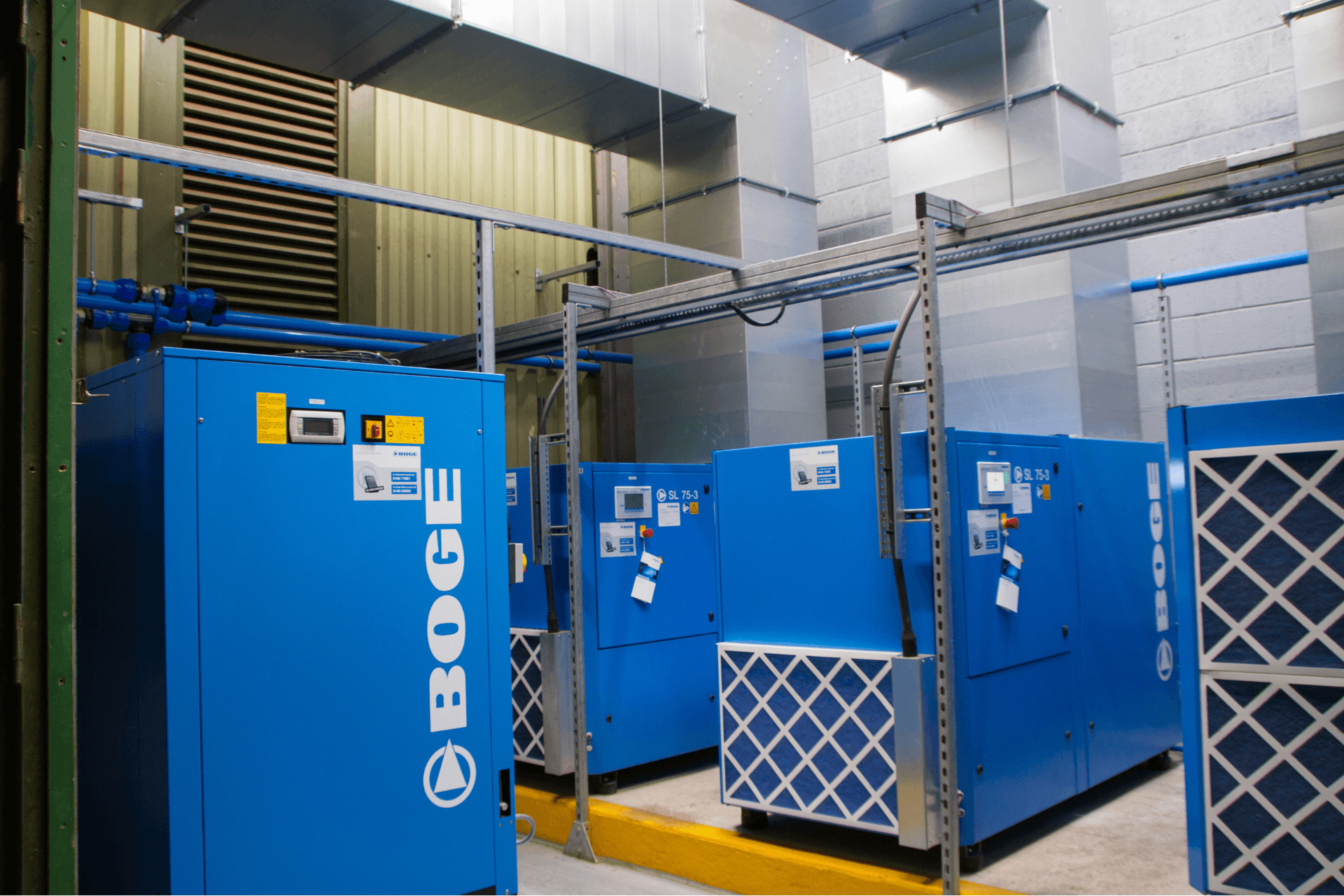 BOGE compressed air system installed in the plant room at Cranswick Foods.
